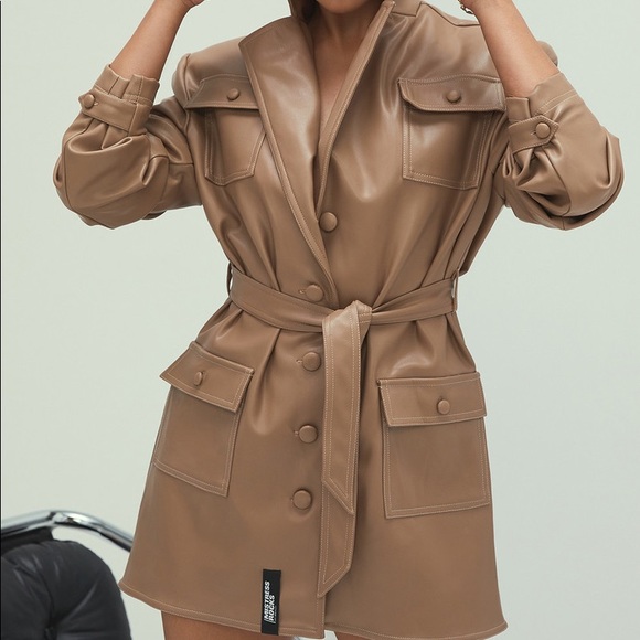 Tan Vegan Leather Belted Jacket 🧥 Dress - Picture 3 of 15